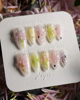 Tulip Field press-on nails — Fresh Pink & Green, 3D Tulips & Bows. handmade nail art by Joyee Nails