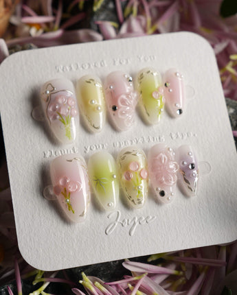 Tulip Field press-on nails — Fresh Pink & Green, 3D Tulips & Bows. handmade nail art by Joyee Nails