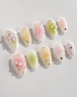Tulip Field press-on nails in extra short almond shape — Fresh Pink & Green, 3D Tulips & Bows.