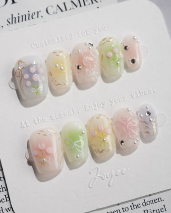 Tulip Field press-on nails in extra short coffin shape — Fresh Pink & Green, 3D Tulips & Bows.