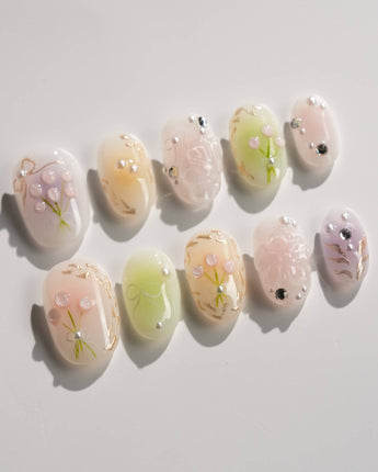 Tulip Field press-on nails in extra short oval shape — Fresh Pink & Green, 3D Tulips & Bows.