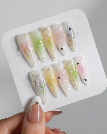 Tulip Field press-on nails in long stiletto shape — Fresh Pink & Green, 3D Tulips & Bows.