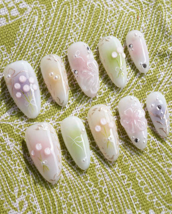 Tulip Field press-on nails in medium almond shape — Fresh Pink & Green, 3D Tulips & Bows.