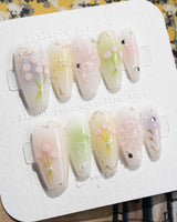 Tulip Field press-on nails in medium coffin shape — Fresh Pink & Green, 3D Tulips & Bows.