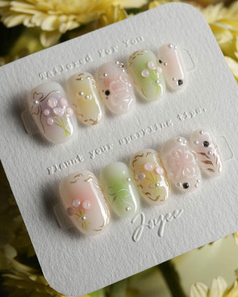 Tulip Field press-on nails in short oval shape — Fresh Pink & Green, 3D Tulips & Bows.