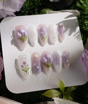 Tulip- Glow up handmade press-on nails featuring Romantic Lilac Purple, 3D Tulips & Sequin Accents.