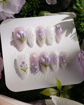 Tulip- Glow up handmade press-on nails featuring Romantic Lilac Purple, 3D Tulips & Sequin Accents.
