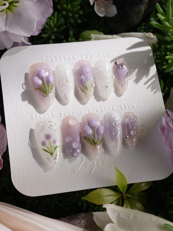 Tulip- Glow up handmade press-on nails featuring Romantic Lilac Purple, 3D Tulips & Sequin Accents.