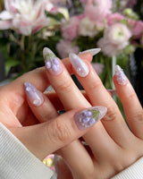 Tulip- Glow up press-on nails — Romantic Lilac Purple, 3D Tulips & Sequin Accents. handmade nail art by Joyee Nails