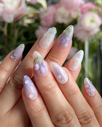 Tulip- Glow up press-on nails — Romantic Lilac Purple, 3D Tulips & Sequin Accents. handmade nail art by Joyee Nails
