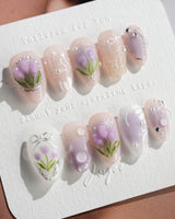 Tulip- Glow up press-on nails in extra short almond shape — Romantic Lilac Purple, 3D Tulips & Sequin Accents.