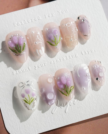 Tulip- Glow up press-on nails in extra short almond shape — Romantic Lilac Purple, 3D Tulips & Sequin Accents.
