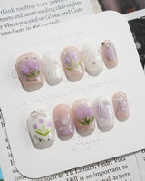 Tulip- Glow up press-on nails in extra short coffin shape — Romantic Lilac Purple, 3D Tulips & Sequin Accents.