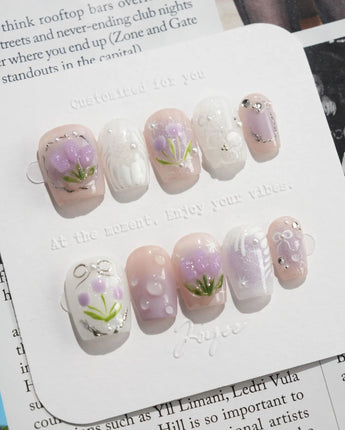Tulip- Glow up press-on nails in extra short coffin shape — Romantic Lilac Purple, 3D Tulips & Sequin Accents.