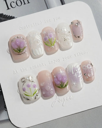 Tulip- Glow up press-on nails in extra short square shape — Romantic Lilac Purple, 3D Tulips & Sequin Accents.