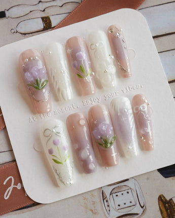 Tulip- Glow up press-on nails in long coffin shape — Romantic Lilac Purple, 3D Tulips & Sequin Accents.