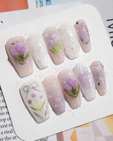 Tulip- Glow up press-on nails in medium coffin shape — Romantic Lilac Purple, 3D Tulips & Sequin Accents.