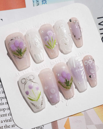 Tulip- Glow up press-on nails in medium coffin shape — Romantic Lilac Purple, 3D Tulips & Sequin Accents.
