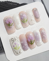 Tulip- Glow up press-on nails in medium square shape — Romantic Lilac Purple, 3D Tulips & Sequin Accents.