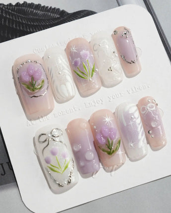 Tulip- Glow up press-on nails in medium square shape — Romantic Lilac Purple, 3D Tulips & Sequin Accents.
