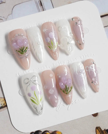 Tulip- Glow up press-on nails in medium stiletto shape — Romantic Lilac Purple, 3D Tulips & Sequin Accents.