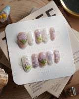 Tulip- Glow up press-on nails in short oval shape — Romantic Lilac Purple, 3D Tulips & Sequin Accents.
