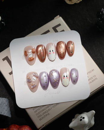 Twilight Pumpkin handmade press-on nails in extra short almond shape by Joyee Nails