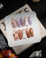 Twilight Pumpkin handmade press-on nails in medium square shape by Joyee Nails