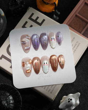 Twilight Pumpkin handmade press-on nails in short almond shape by Joyee Nails