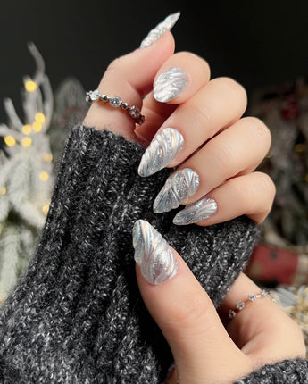 Velvet Frost press-on nails — 3D Spiral Texture, Silver Glitter Effect. handmade nail art by Joyee Nails