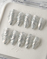 Velvet Frost press-on nail set — 3D Spiral Texture, Silver Glitter Effect. design, hand-painted with real gel polish
