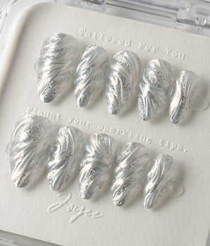 Velvet Frost press-on nail set — 3D Spiral Texture, Silver Glitter Effect. design, hand-painted with real gel polish