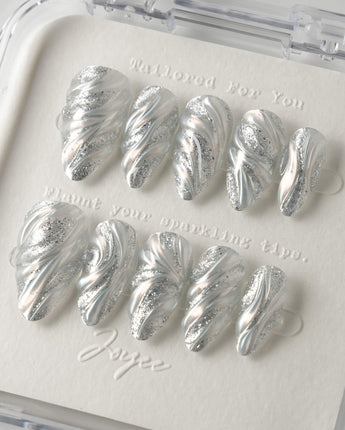 Velvet Frost press-on nail set — 3D Spiral Texture, Silver Glitter Effect. design, hand-painted with real gel polish