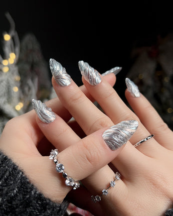 Velvet Frost press-on nails — 3D Spiral Texture, Silver Glitter Effect. handmade nail art by Joyee Nails