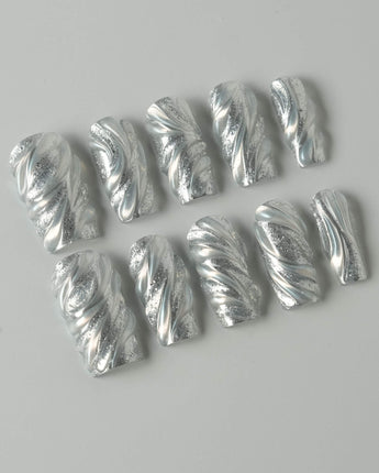 Velvet Frost press-on nails in medium square shape — 3D Spiral Texture, Silver Glitter Effect.