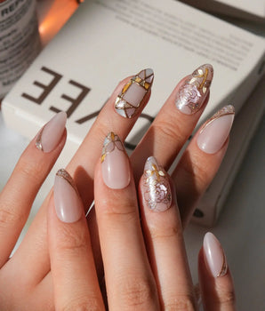 Venetian glass press on nails with stained-glass roses and gold line on nude
