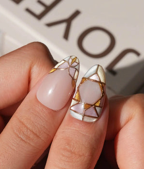Venetian Glass XS press-on nails in short almond with gold line and nude base