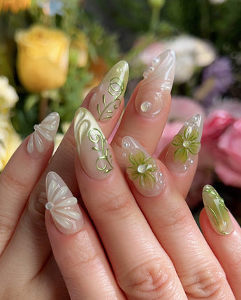 Vines - Sneaky Climber nail art close-up showing Fresh Avocado Green, Hand-painted Vines & 3D Flowers. details