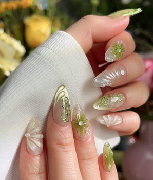 Vines - Sneaky Climber handmade press-on nails featuring Fresh Avocado Green, Hand-painted Vines & 3D Flowers.