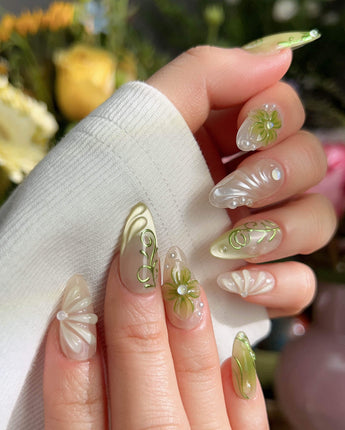 Vines - Sneaky Climber handmade press-on nails featuring Fresh Avocado Green, Hand-painted Vines & 3D Flowers.
