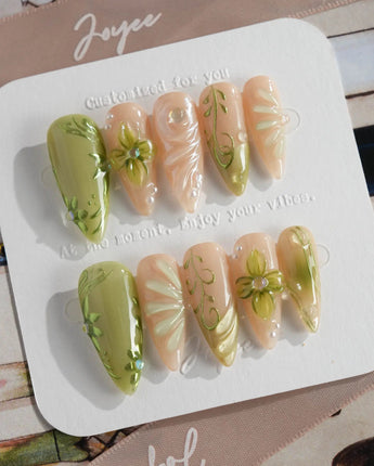 Vines - Sneaky Climber press-on nails in medium stiletto shape — Fresh Avocado Green, Hand-painted Vines & 3D Flowers.