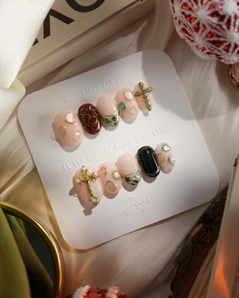 Vintage V in extra short oval shape with vintage painted art and 3D cross accents