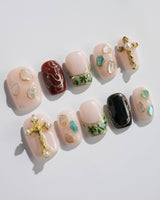 Vintage V in extra short square shape with vintage art, cross charm, and gemstone details