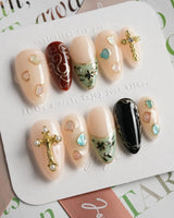 Vintage V in medium almond shape with oil-painting style art and gemstone accents