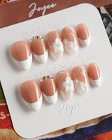 Wedding Day press-on nails — Elegant Style, White French Tips & 3D Camellias. handmade nail art by Joyee Nails