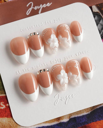Wedding Day press-on nails — Elegant Style, White French Tips & 3D Camellias. handmade nail art by Joyee Nails