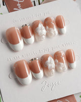Wedding Day press-on nails — Elegant Style, White French Tips & 3D Camellias. handmade nail art by Joyee Nails
