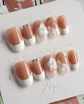 Wedding Day press-on nails — Elegant Style, White French Tips & 3D Camellias. handmade nail art by Joyee Nails