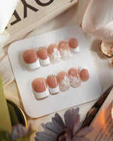Wedding Day press-on nails in extra short square shape — Elegant Style, White French Tips & 3D Camellias.