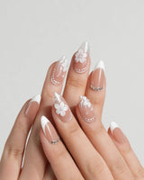Wedding Day handmade press-on nails featuring Elegant Style, White French Tips & 3D Camellias.